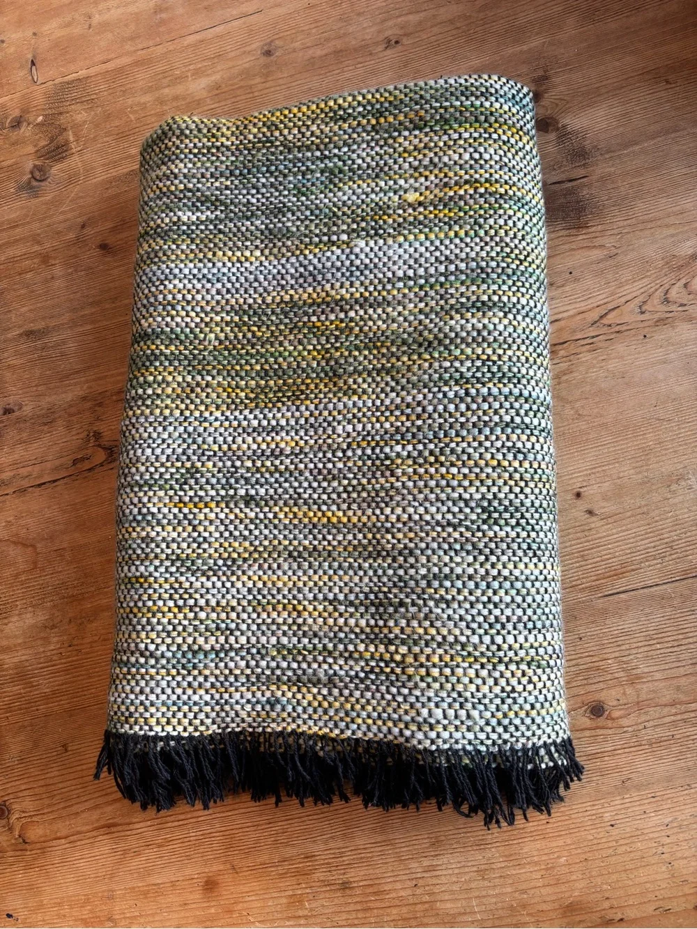 Crate & Barrel Woven Throw Blanket Black Fringe Grey Yellow 70x40 Bohemian Boho